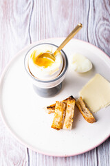 soft-boiled egg with croutons, tasty and healthy snack
