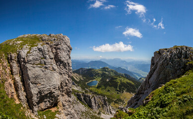 Panorama view of lake Zireiner See, Rofan mountains in Tyrol, Austria