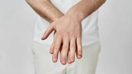 Man hands using wash hand sanitizer gel