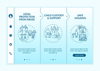 Domestic violence survivors support onboarding vector template. Responsive mobile website with icons. Web page walkthrough 3 step screens. Safe housing color concept with linear illustrations