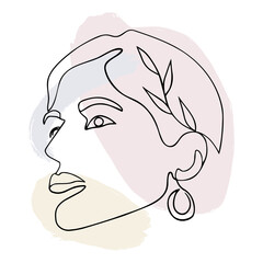 One line woman's face art. Abstract spots of pastel colors on the background. Composition in contemporary style. Beautiful girl, design for poster or print. Vector hand draw illustration.