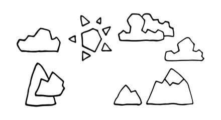 Clouds and Mountains. Simple cute little Landscape in Doodle style. Icons, coloring, postcard. Vector EPS 10