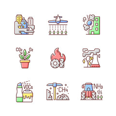 Air pollution RGB color icons set. People damaging planet environment and atmosphere. Rubish after people increasing process in nature. Isolated vector illustrations
