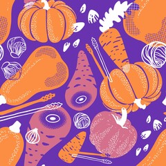 Abstract hand drawn seamless pattern stylized 80’s - 90’s. Colorful vegetables. Organic food.  Can be used for posters, cards, banners, prints, textiles