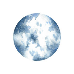 Watercolor silver blue moon clip art isolated on white background. Hand drawn round planet illustration. Cosmic design element for card, poster, sticker, decoration.