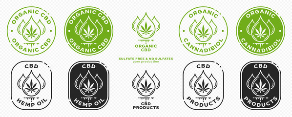Conceptual stamps for packaging pharmaceutical, medical, cosmetic products. Cannabis extract drops with plant leaf and ingredient line. Vector elements.