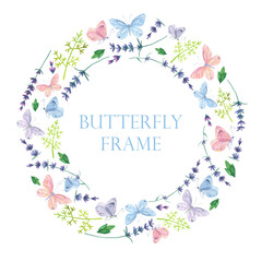 Watercolor blue pink butterfly frame. Lavender wreath. Summer floral background