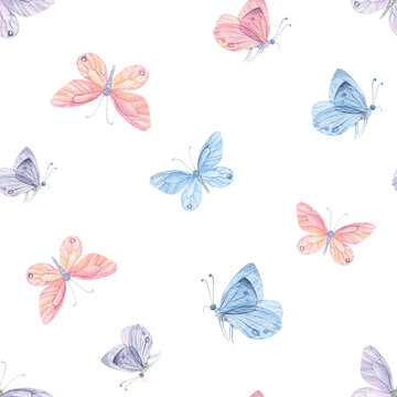 Pink blue butterfly seamless pattern. Watercolor butterfly background
