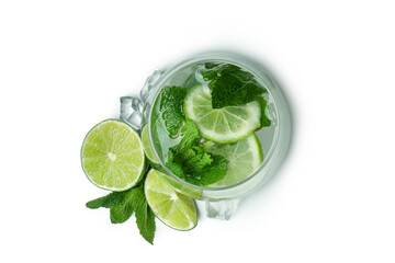Glass of mojito cocktail and ingredients isolated on white background