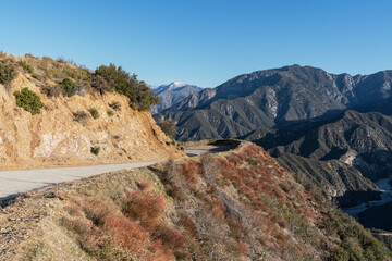 View of curve on Glendora Ridge Road in the San Gabriel Mountains of Los Angeles County California.  