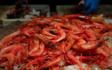 Red prawns in a food market from Palamos
