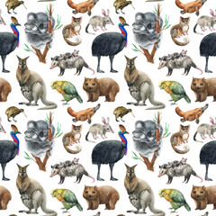 Wild watercolor hand painting pattern with animals. Repeating background. Koala.