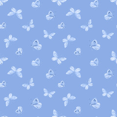 Blue butterfly seamless pattern. Watercolor butterfly background