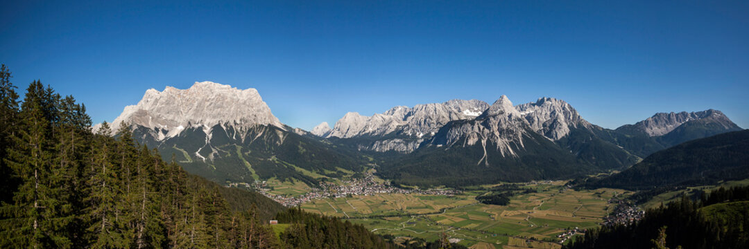 Panorama view Zugspitze mountain and Ehrwalder Sonnenspitze mountain in Tyrol, Austria