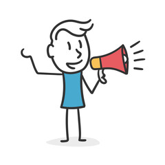 Stick man with megaphone. Concept of man seeking attention from others