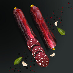 beautiful sausage on a black background with spices vector illustration