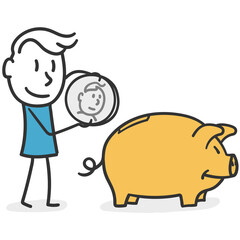 Saver stick man. Concept of forward thinking man who saves his earnings in a piggy bank