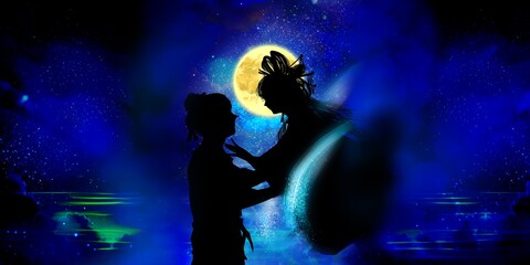 Illustration of the reunion of Orihime and Hikoboshi on the starry night of Tanabata.	
