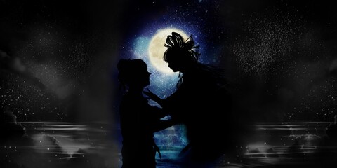 Illustration of the reunion of Orihime and Hikoboshi on the starry night of Tanabata.	
