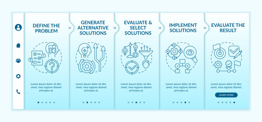 Problem solving steps onboarding vector template. Responsive mobile website with icons. Web page walkthrough 5 step screens. Creative thinking color concept with linear illustrations