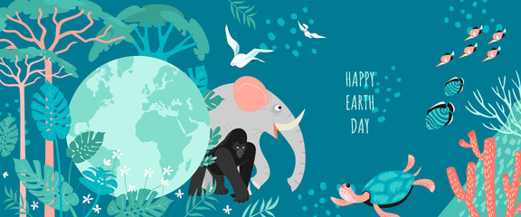 Happy earth day banner with globe, plants and animals.