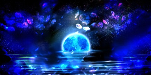 Fototapeta na wymiar Panorama’s illustration of the blue full moon melting in the night sea beyond falling cherry blossoms petals 
