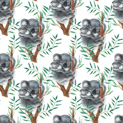 Wild watercolor hand painting pattern with animals. Repeating background. Koala. © Kat_branch_art