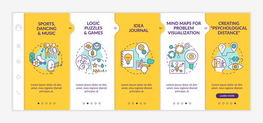 Improving problem solving skills tips onboarding vector template. Responsive mobile website with icons. Web page walkthrough 5 step screens. Creative thinking color concept with linear illustrations