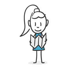Stick woman with a map. Concept of female traveler who decides her destination