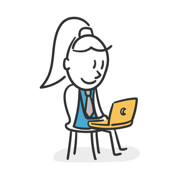 Stick woman working on a laptop. Concept of businesswoman in remote work
