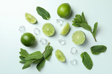 Ingredients for mojito cocktail on white background