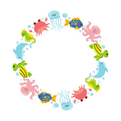 Seamless frame (pattern) with sea animals. Bright vector illustration for childrens design. Marine mammals. 