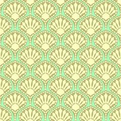 Seamless pattern in art deco style. Decorative illustration of palm tree, fan, vintage ornament geometric shapes in vector. Gold wallpaper or dressy fabric, green-blue background, damask