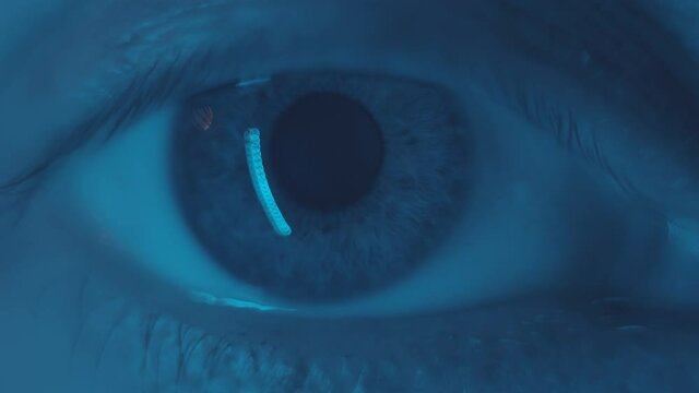 Macro. Man blue eye opening, looking at camera and closing. Pupil dilates and narrows. Human eye iris opening pupil. Healthy eyesight concept. Close up, 4k video. Blue light.
