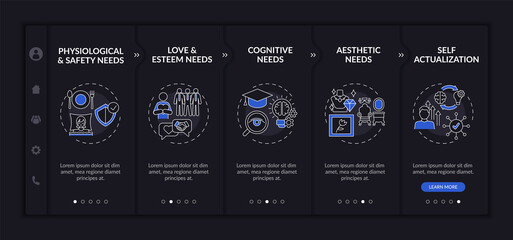 Human core needs onboarding vector template. Responsive mobile website with icons. Web page walkthrough 5 step screens. Psychology and self-actualization dark mode concept with linear illustrations