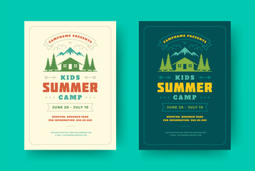 Kids summer camp poster or flyer event retro typography design template and forest lanscape and tent background