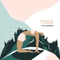 Yoga. Healthy lifestyle. Woman in camel pose. Graphic design.