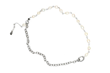 Fototapeta premium Stylish chain necklace isolated on white. Woman trendy fashion accessories with pearls. Fashionable jewelry.