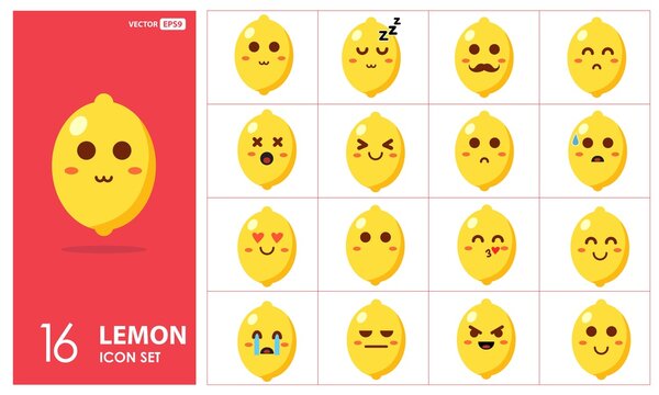 Set of cute lemon Emoji Line Icons In Different Expressions