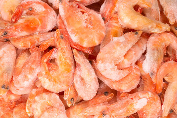 Fresh shrimps in ice. Top view.