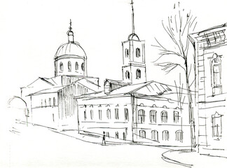 old town with a church graphic sketch