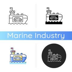 Fototapeta premium Vehicle carrier ship icon. Car shipping service. Wheeled cargo transportation. Ro-ro ships. Carrying cars and trucks. Linear black and RGB color styles. Isolated vector illustrations