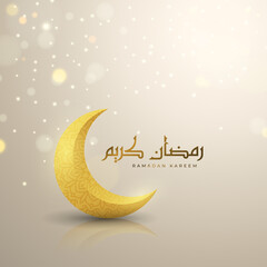 Plakat Beautiful Ramadan Kareem background design with golden crescent moon and glitter particles. Illustration of realistic 3D Islamic greeting card on the floor. Ramadan Kareem in Arabic calligraphy text.