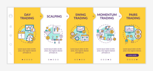 Stock trade strategies onboarding vector template. Responsive mobile website with icons. Web page walkthrough 5 step screens. Intraday, swing, pairs trading color concept with linear illustrations