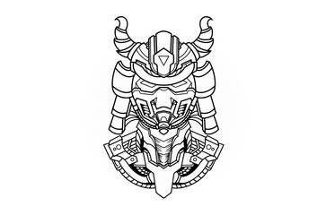 Hand drawing illustration of black white horned samurai helmet samurai  with mechanical robot body