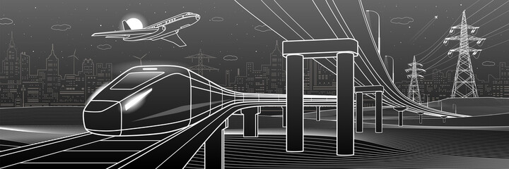 Outline road bridge. Car overpass. Train rides. Airplane fly. City Infrastructure and transport illustration. Urban scene. Vector design art. White lines on black background
