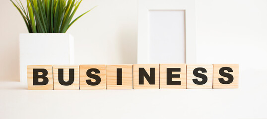 Wooden cubes with letters on a white table. The word is BUSINESS. White background.