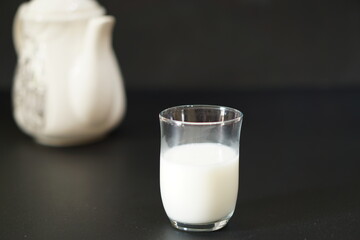 Glass of milk isolated on black background. Table food