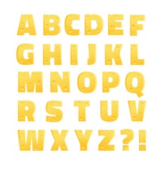 Vector set of letters in the form of the alphabet from cheese on an isolated background. Cheesy delicious alphabet. Cheese advertisement.