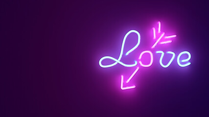 The word Love is written in realistic neon. Neon background with place for text. 3d render
